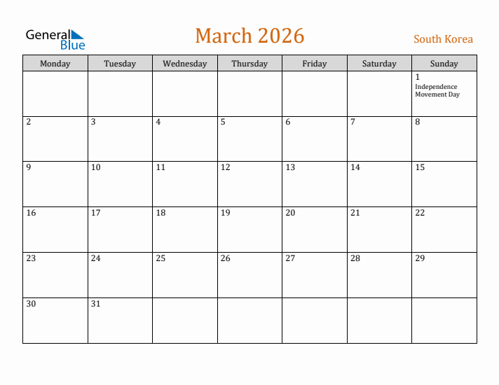 March 2026 Holiday Calendar with Monday Start