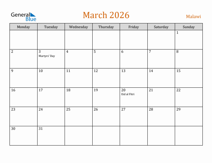 March 2026 Holiday Calendar with Monday Start