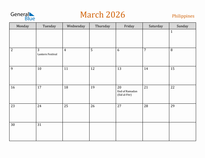 March 2026 Holiday Calendar with Monday Start