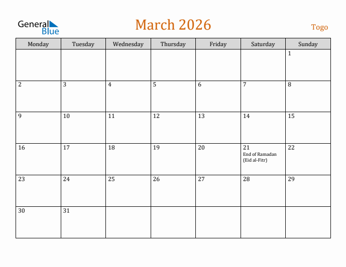 March 2026 Holiday Calendar with Monday Start