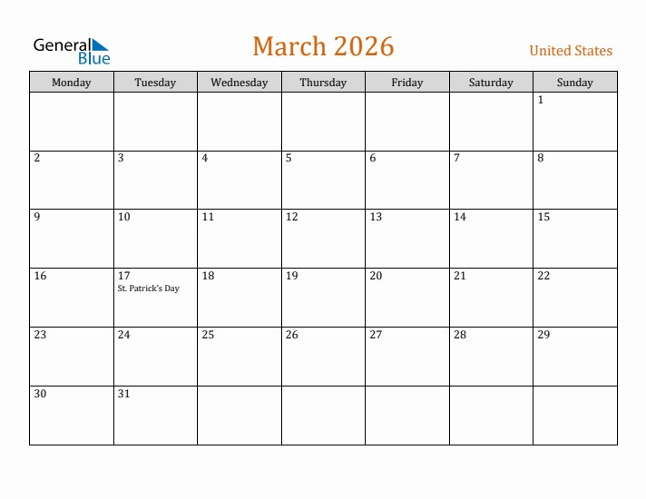 March 2026 Holiday Calendar with Monday Start