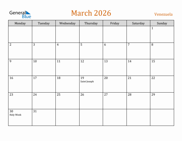 March 2026 Holiday Calendar with Monday Start