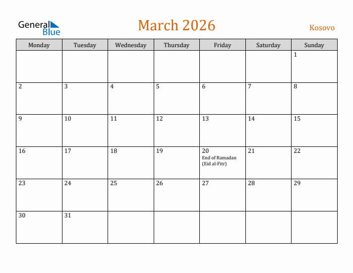 March 2026 Holiday Calendar with Monday Start