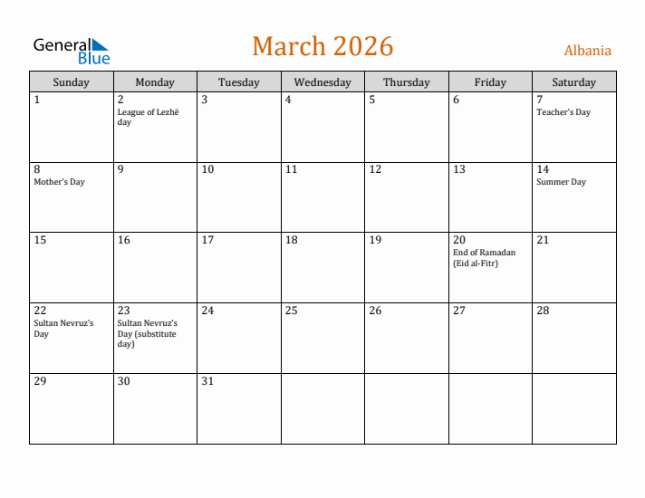 March 2026 Holiday Calendar with Sunday Start