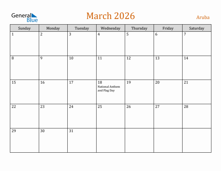 March 2026 Holiday Calendar with Sunday Start