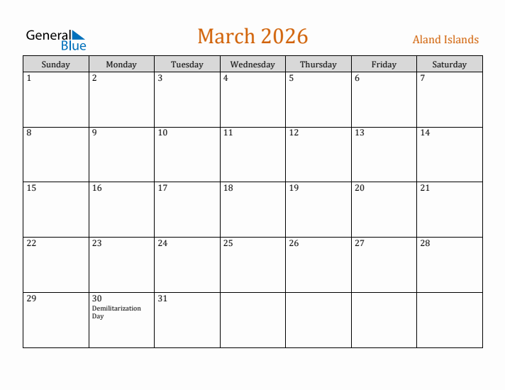 March 2026 Holiday Calendar with Sunday Start