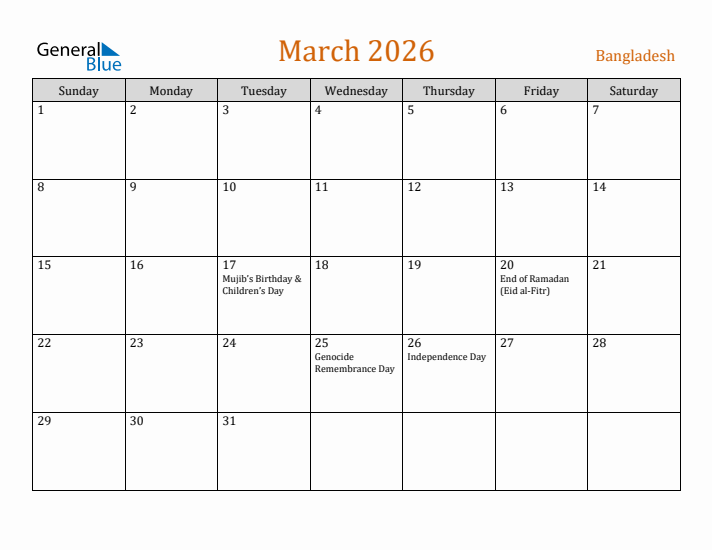 March 2026 Holiday Calendar with Sunday Start