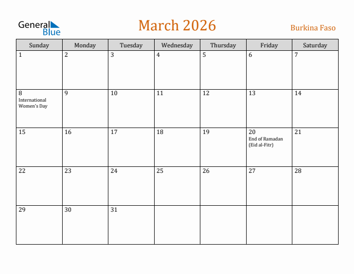 March 2026 Holiday Calendar with Sunday Start