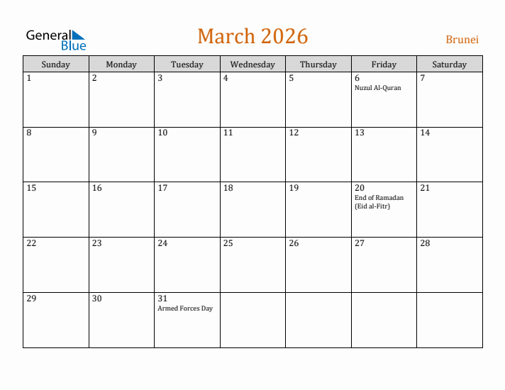 March 2026 Holiday Calendar with Sunday Start