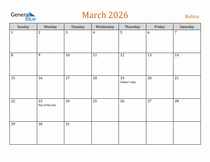 March 2026 Holiday Calendar with Sunday Start