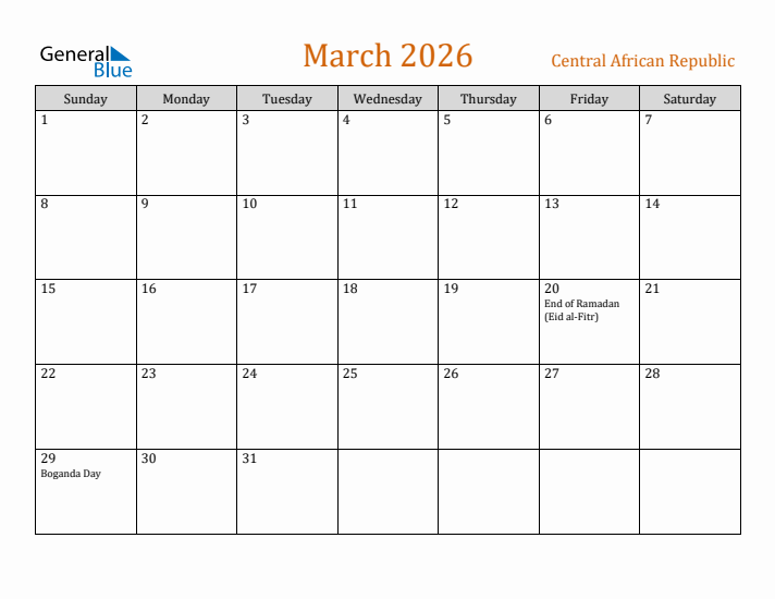 March 2026 Holiday Calendar with Sunday Start