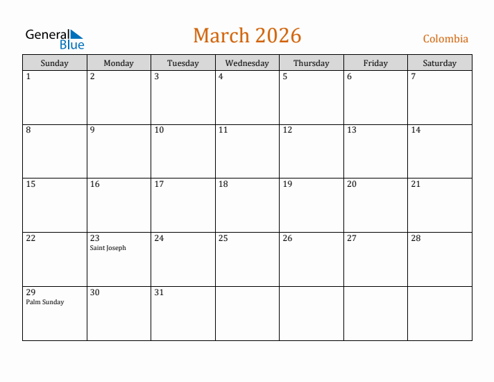 March 2026 Holiday Calendar with Sunday Start