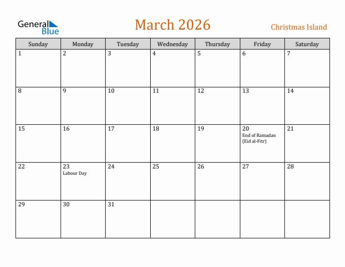 March 2026 Holiday Calendar with Sunday Start