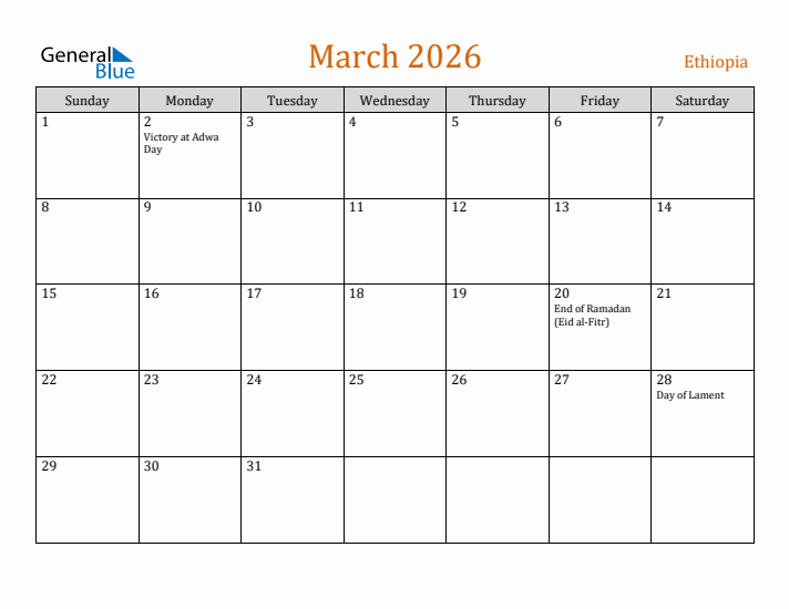 March 2026 Holiday Calendar with Sunday Start