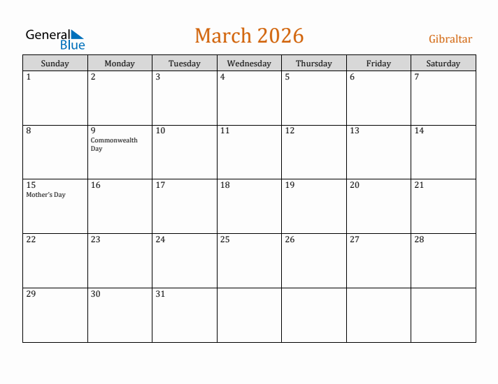 March 2026 Holiday Calendar with Sunday Start