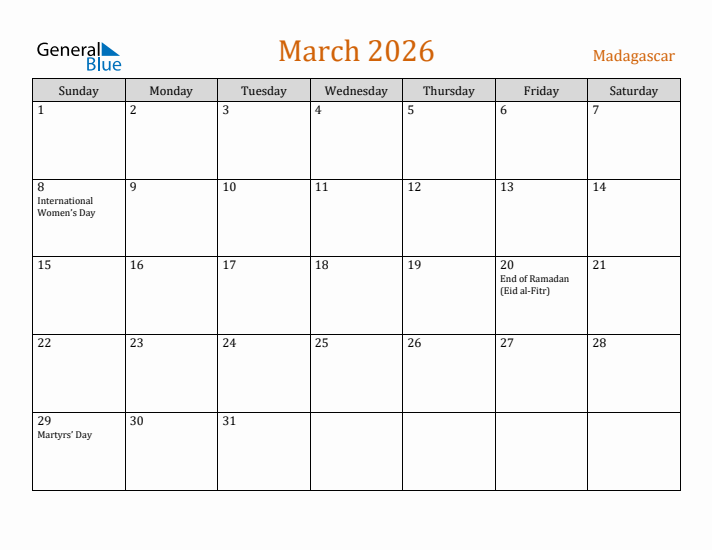 March 2026 Holiday Calendar with Sunday Start