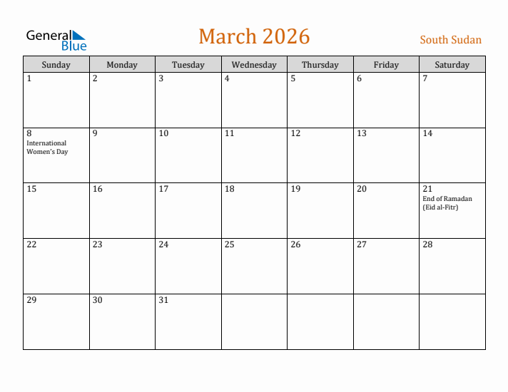 March 2026 Holiday Calendar with Sunday Start