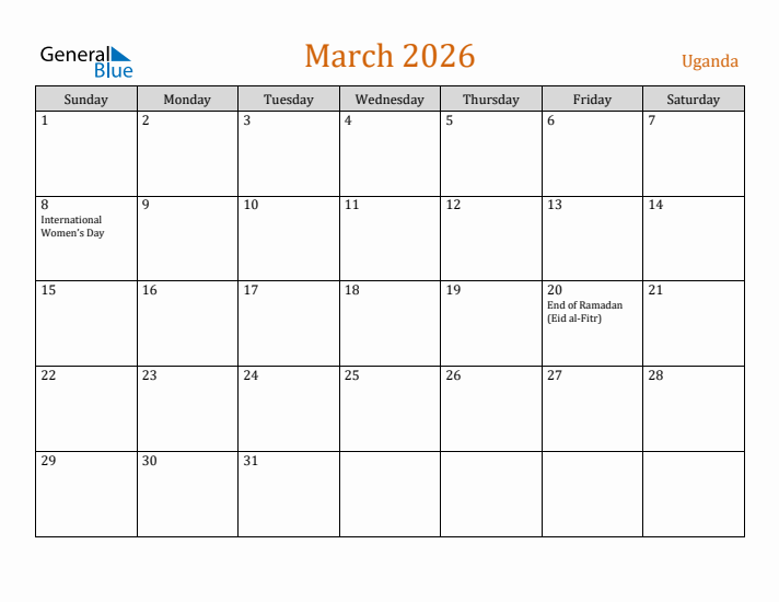 March 2026 Holiday Calendar with Sunday Start