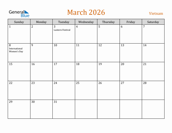 March 2026 Holiday Calendar with Sunday Start