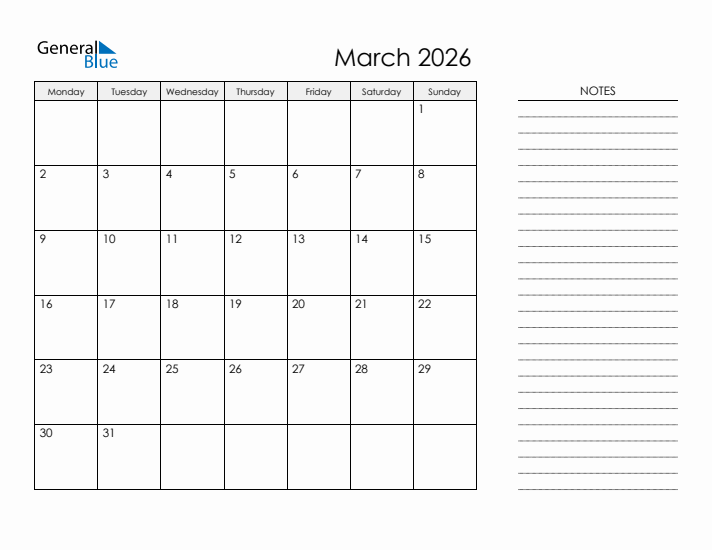 Printable Monthly Calendar with Notes - March 2026