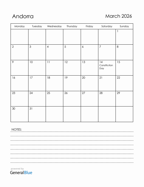 March 2026 Andorra Calendar with Holidays (Monday Start)