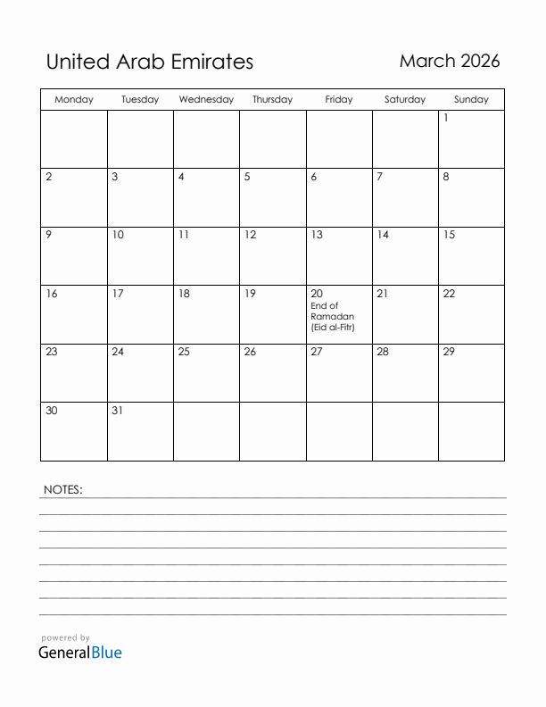 March 2026 United Arab Emirates Calendar with Holidays (Monday Start)