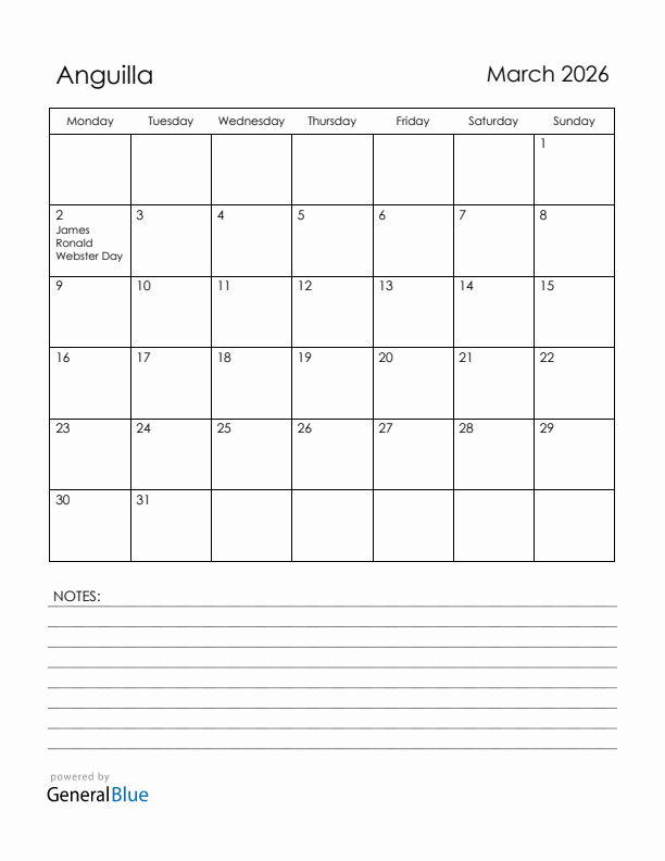 March 2026 Anguilla Calendar with Holidays (Monday Start)