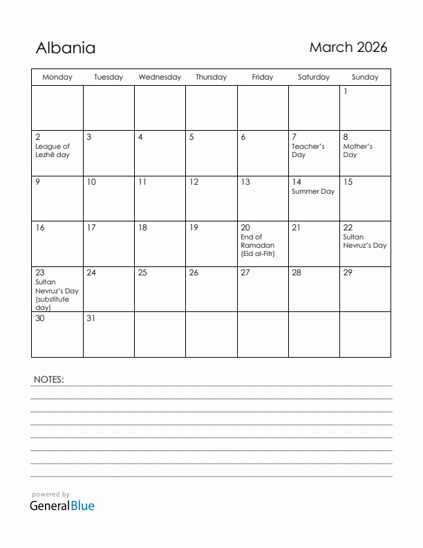 March 2026 Albania Calendar with Holidays (Monday Start)