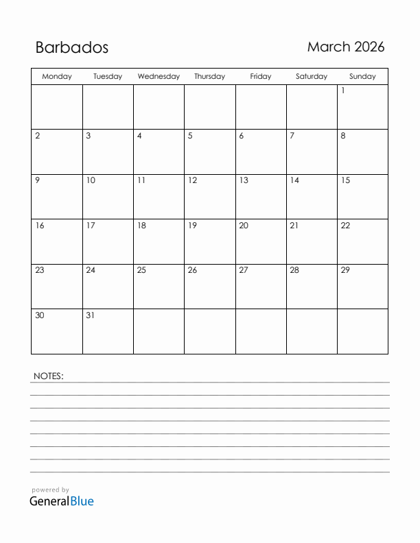 March 2026 Barbados Calendar with Holidays (Monday Start)