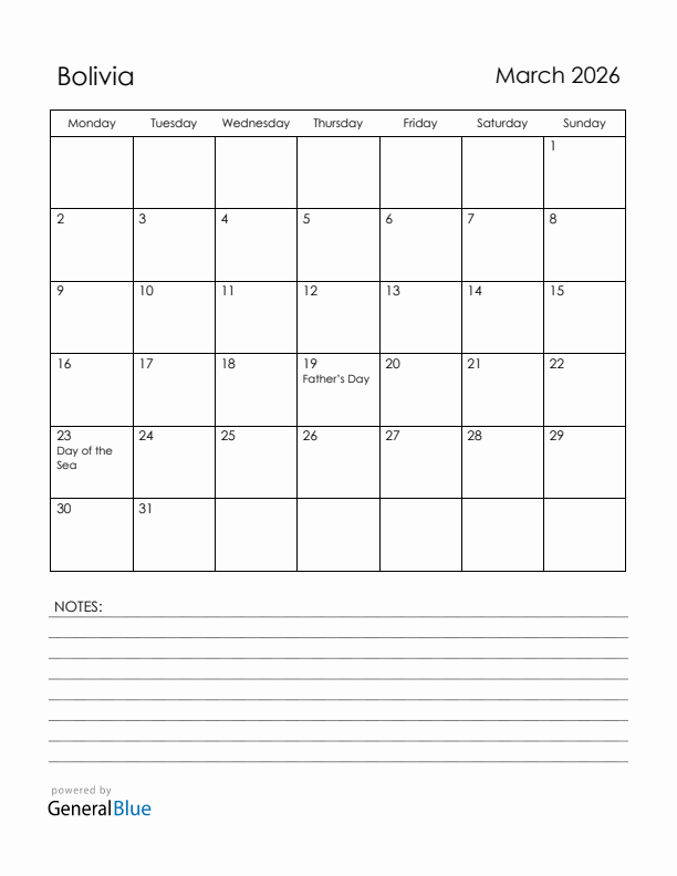 March 2026 Bolivia Calendar with Holidays (Monday Start)