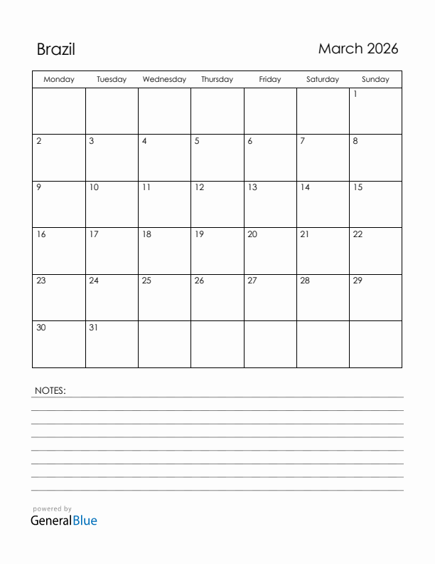 March 2026 Brazil Calendar with Holidays (Monday Start)
