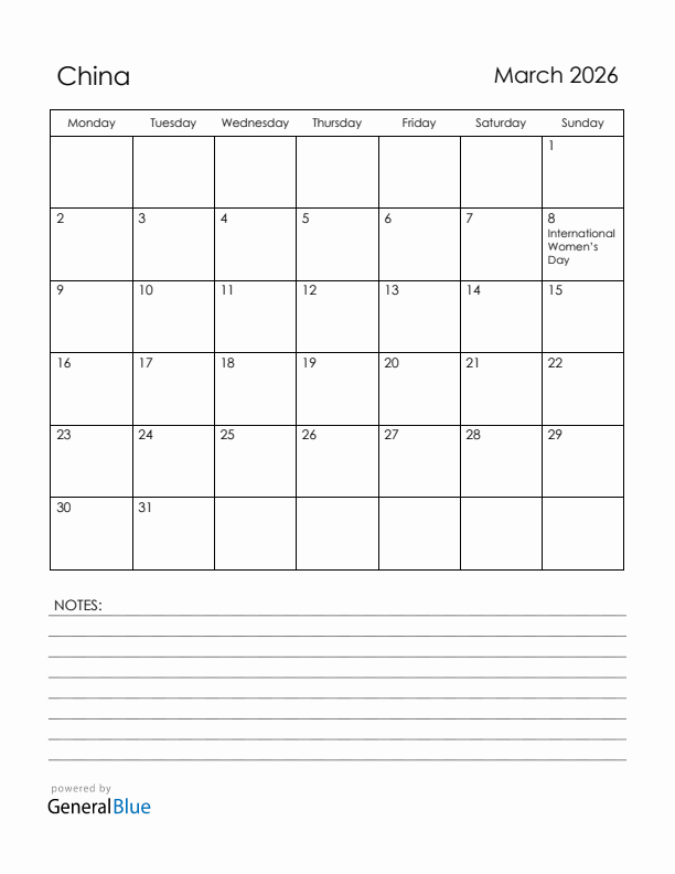 March 2026 China Calendar with Holidays (Monday Start)