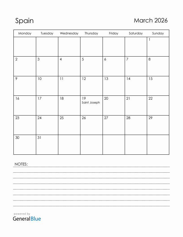 March 2026 Spain Calendar with Holidays (Monday Start)