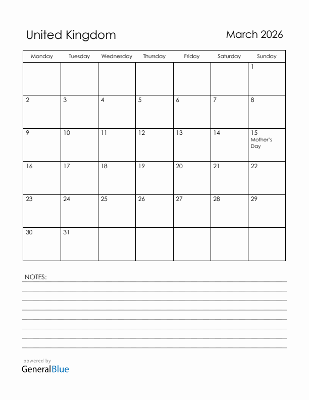 March 2026 United Kingdom Calendar with Holidays (Monday Start)