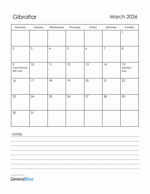 March 2026 Gibraltar Calendar with Holidays (Monday Start)