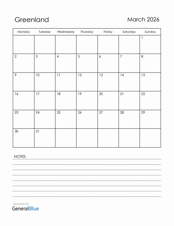 March 2026 Greenland Calendar with Holidays (Monday Start)