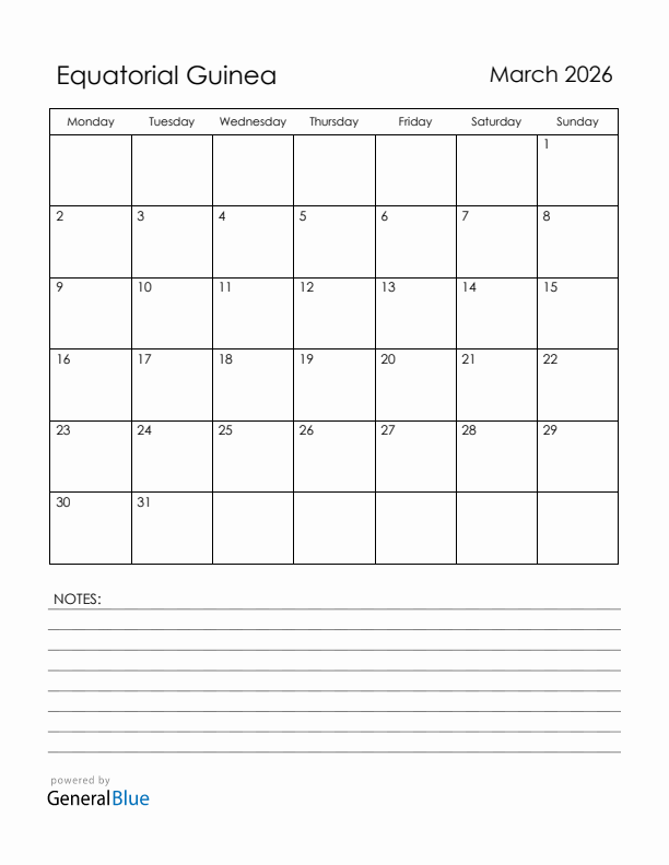 March 2026 Equatorial Guinea Calendar with Holidays (Monday Start)