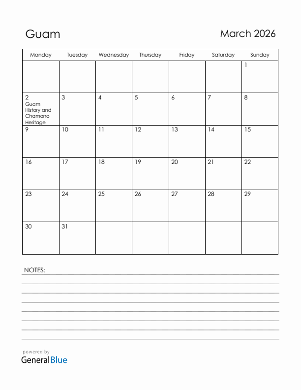 March 2026 Guam Calendar with Holidays (Monday Start)