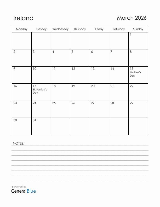 March 2026 Ireland Calendar with Holidays (Monday Start)