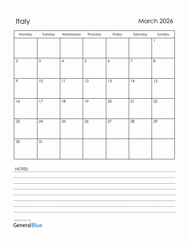 March 2026 Italy Calendar with Holidays (Monday Start)