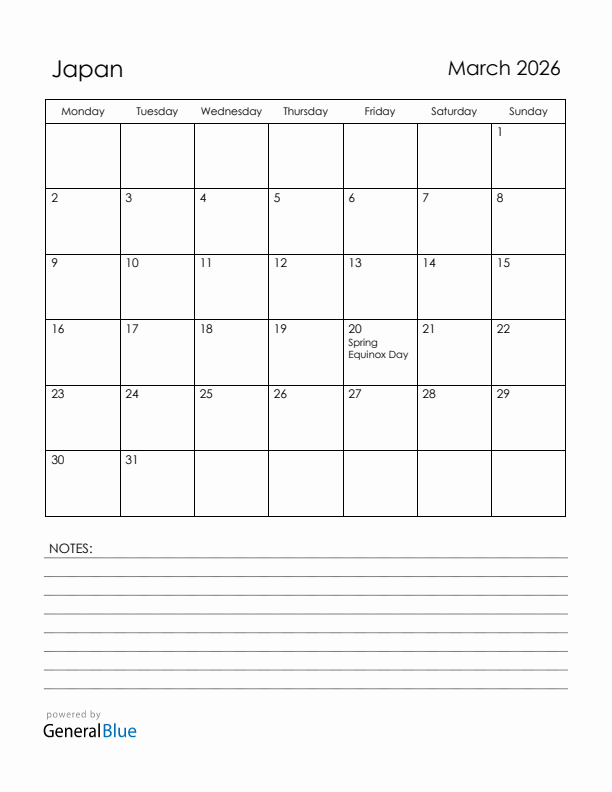 March 2026 Japan Calendar with Holidays (Monday Start)