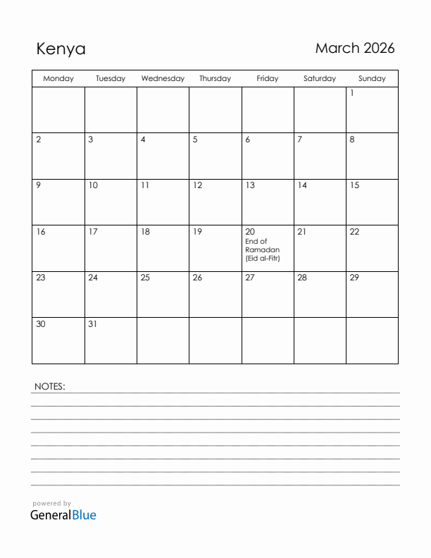 March 2026 Kenya Calendar with Holidays (Monday Start)