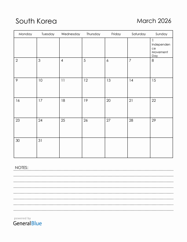 March 2026 South Korea Calendar with Holidays (Monday Start)