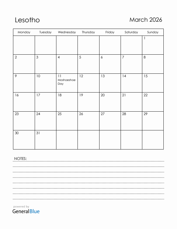 March 2026 Lesotho Calendar with Holidays (Monday Start)