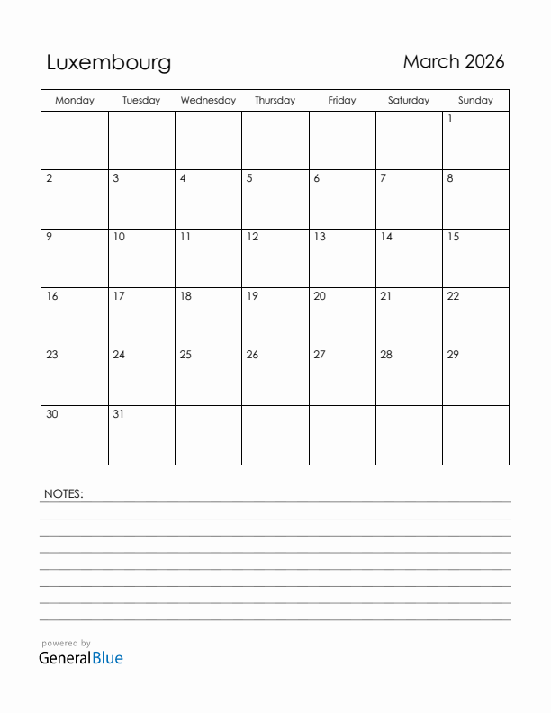 March 2026 Luxembourg Calendar with Holidays (Monday Start)