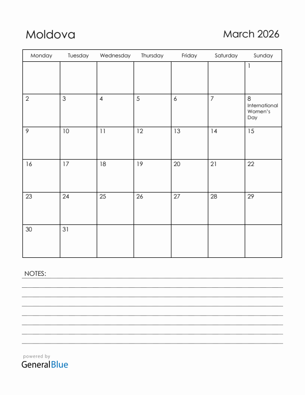 March 2026 Moldova Calendar with Holidays (Monday Start)