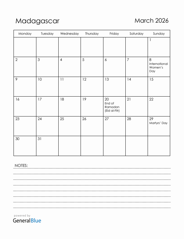 March 2026 Madagascar Calendar with Holidays (Monday Start)