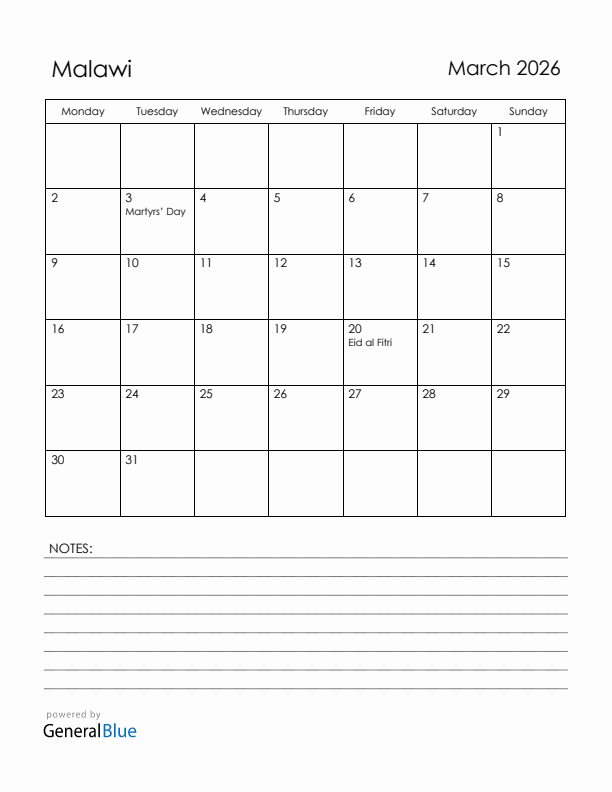 March 2026 Malawi Calendar with Holidays (Monday Start)