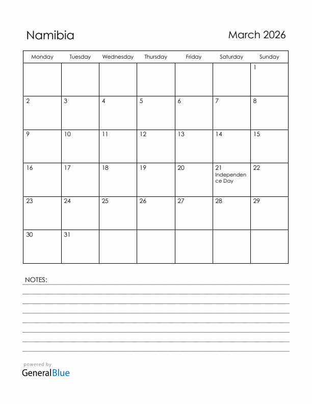 March 2026 Namibia Calendar with Holidays (Monday Start)