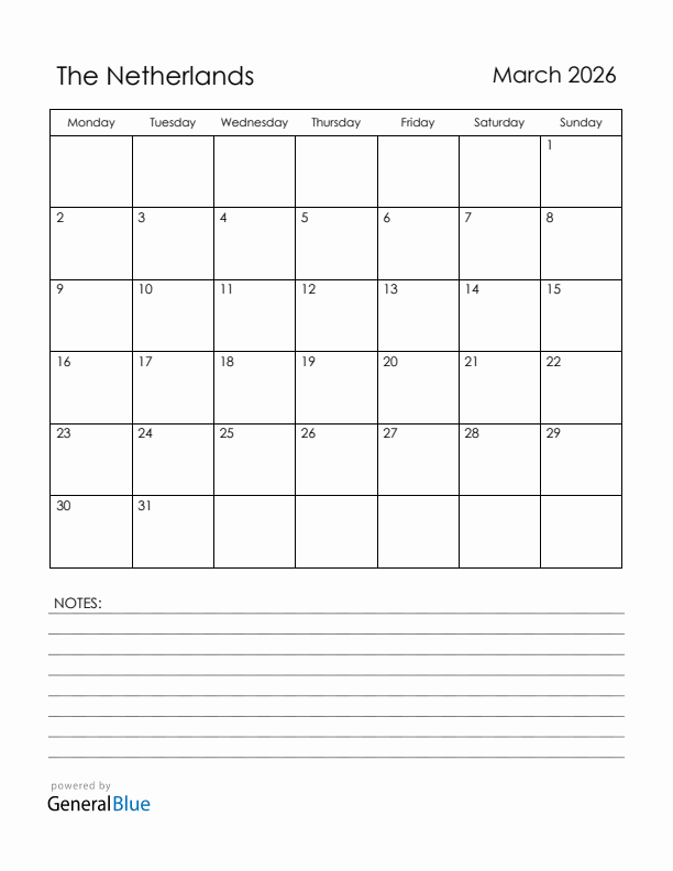 March 2026 The Netherlands Calendar with Holidays (Monday Start)